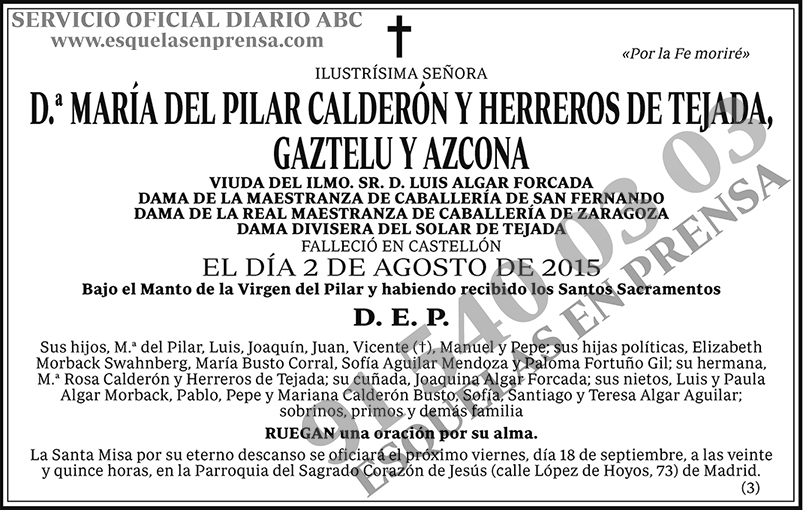 María del Pilar Calderón y Herreros de Tejada, Gaztelu y Azcona